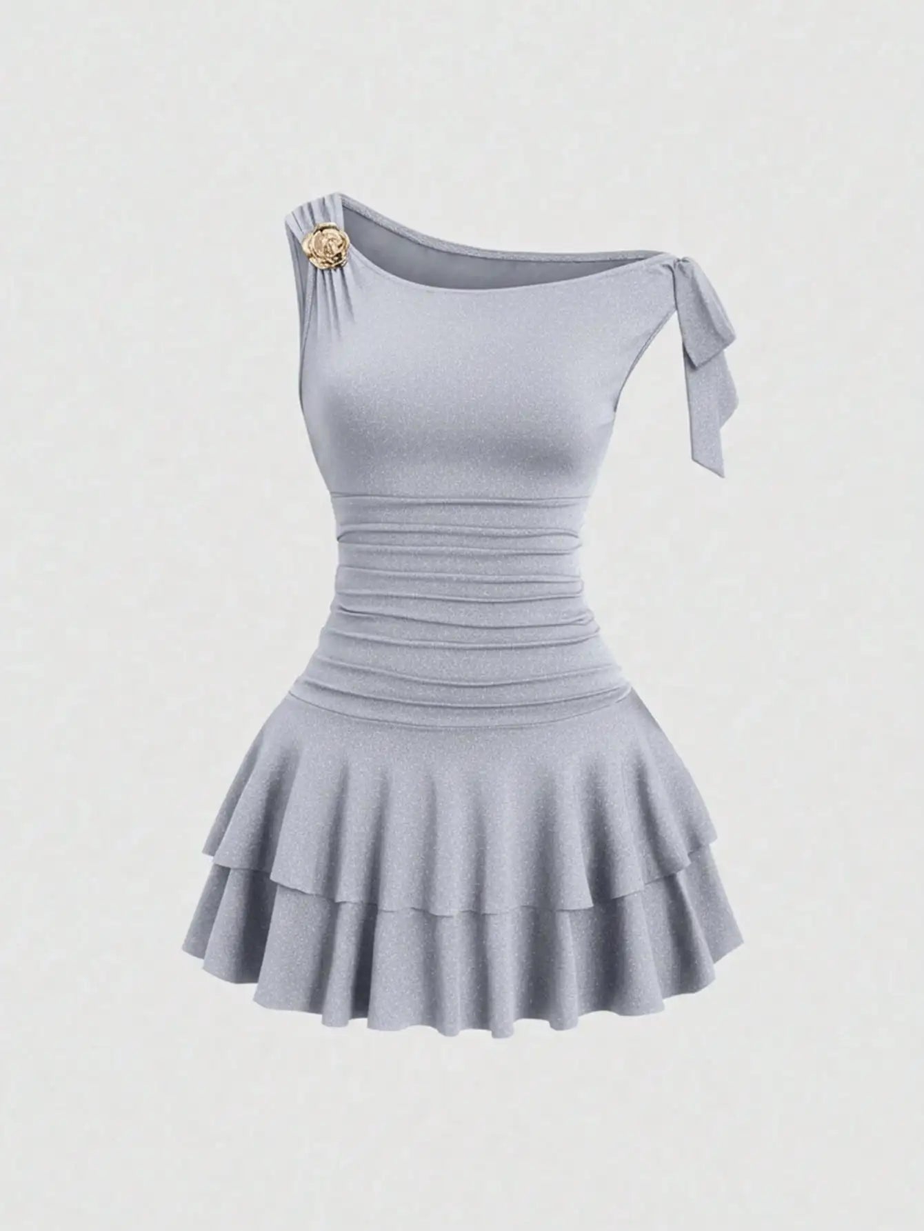 Women's One Shoulder Ruffle Mini Dress with Floral Brooch, Fitted Waist, Elegant Evening Wear