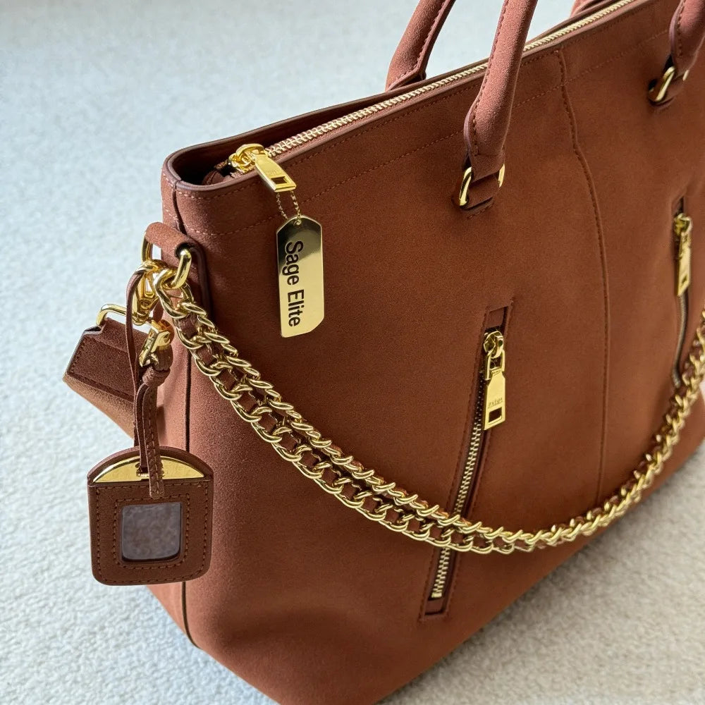 Sage Elite Brown Tote Bag Women's Fashion Chain Strap Handbag Stylish Large Capacity Crossbody Purse with Sage Elite Tag