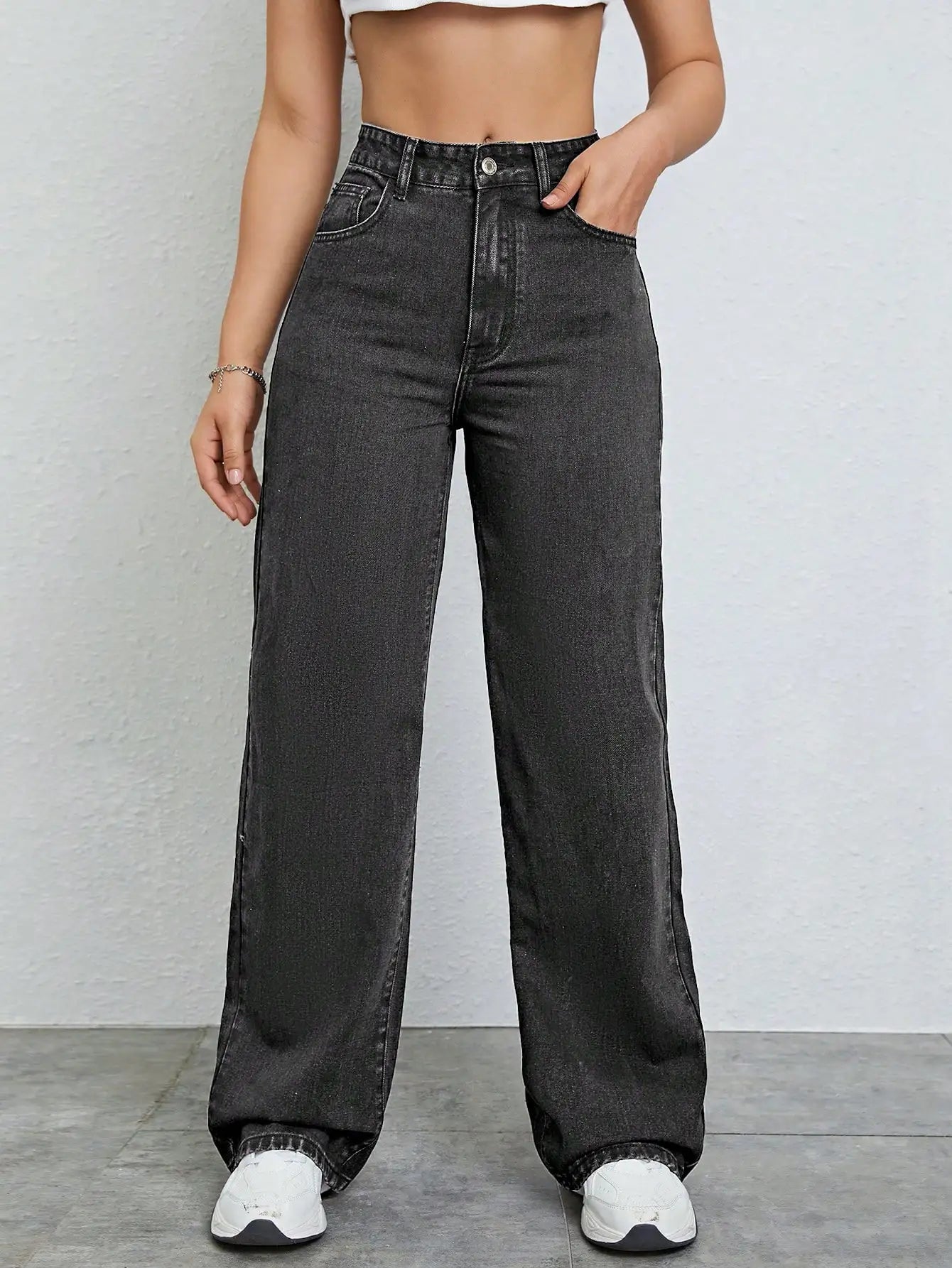 High Waist Wide Leg Black Denim Jeans for Women, Casual Streetwear Style