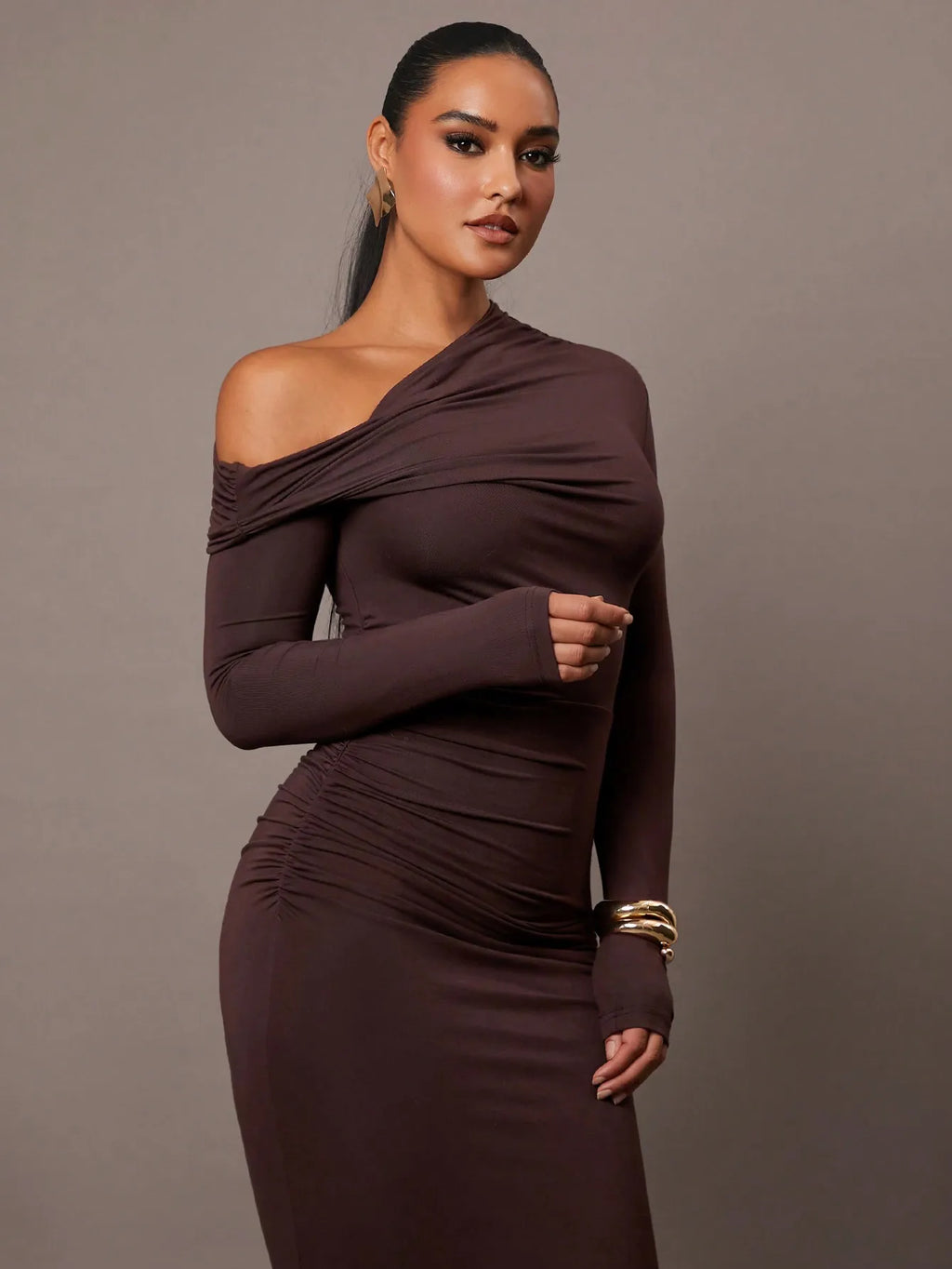 Solid Color Stretch Knitted, Sloping Shoulder Collar, Romantic Date, Autumn And Winter Bottoming Knitted Dress,