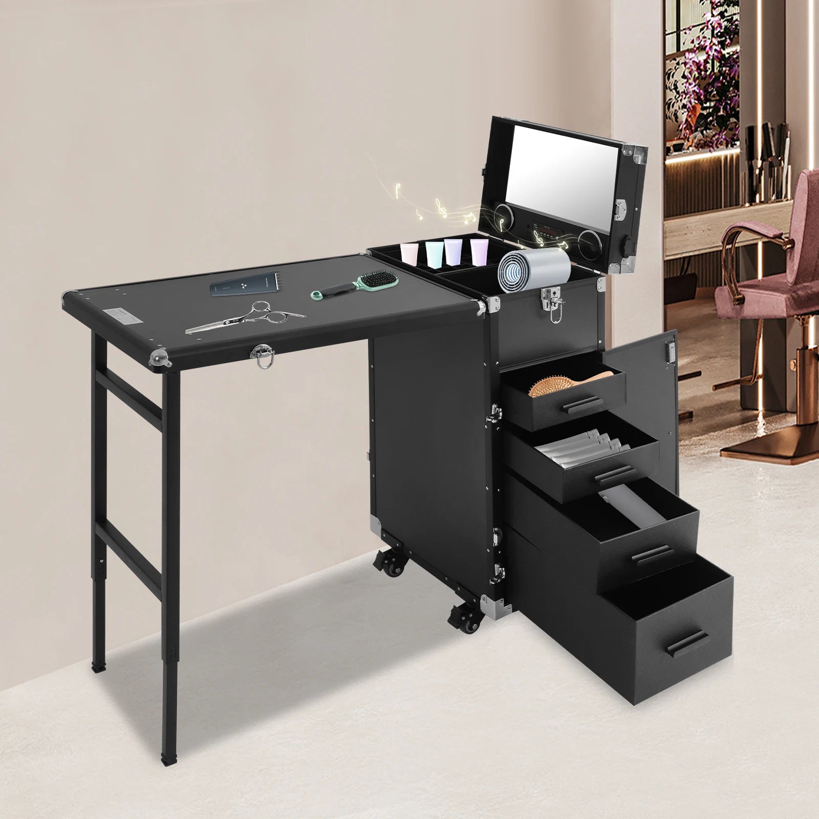 Rolling Manicure Makeup Table with 2 Built-In Bluetooth Music Speakers Portable Mirror Remote Control Professional Makeup Case