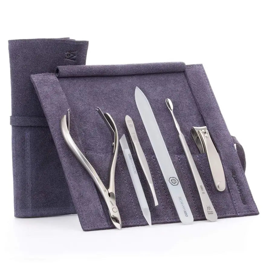 6pc Manicure Set in Purple Suede Case FINOX Stainless Steel Tools Made in Germany, Glass Nail Care Supplies Made in Czech Republ