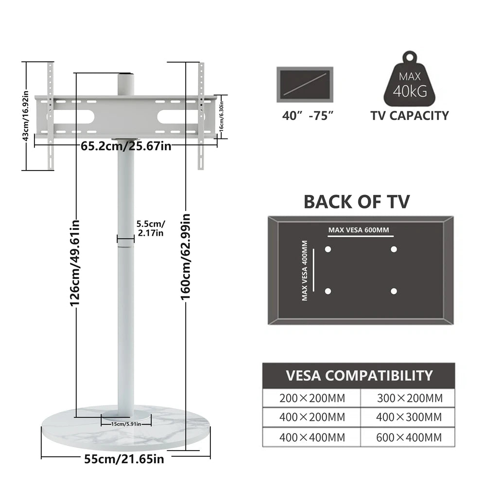 Modern Corner TV Stand Bracket Mobile Floor TV Cart for 40-75 Inches with Rolling Wheels