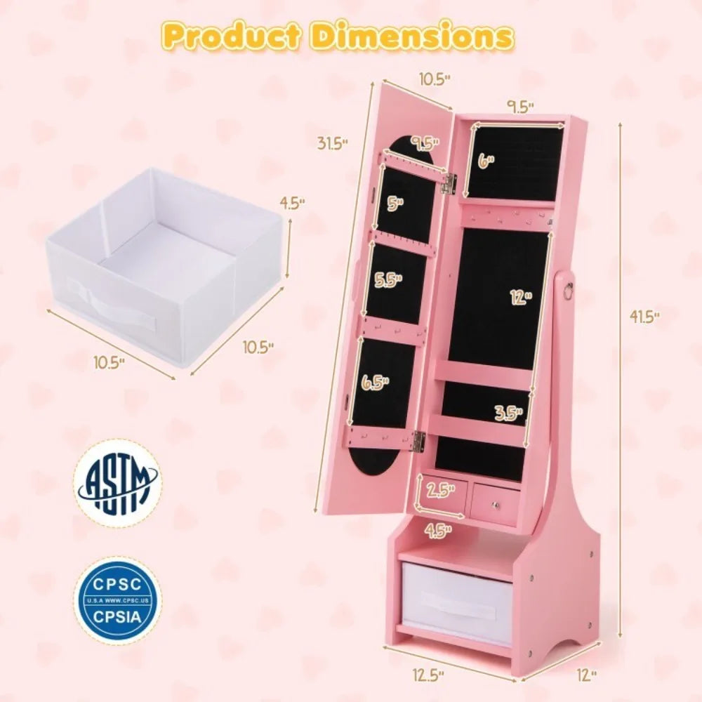 Freestanding Kids Jewelry Organize Armoire Cabinet w/Storage and 2 Tilt Angles
