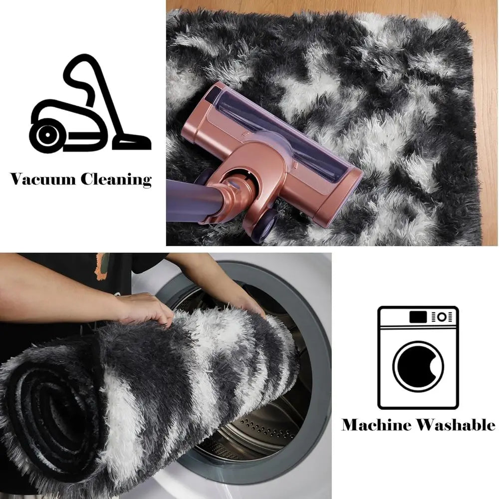 Large 8x10 Black & White Shaggy Rug for Living Room, Kids' Rooms, and Bedrooms - Washable, Plush, Thick Floor Carpet for Home De