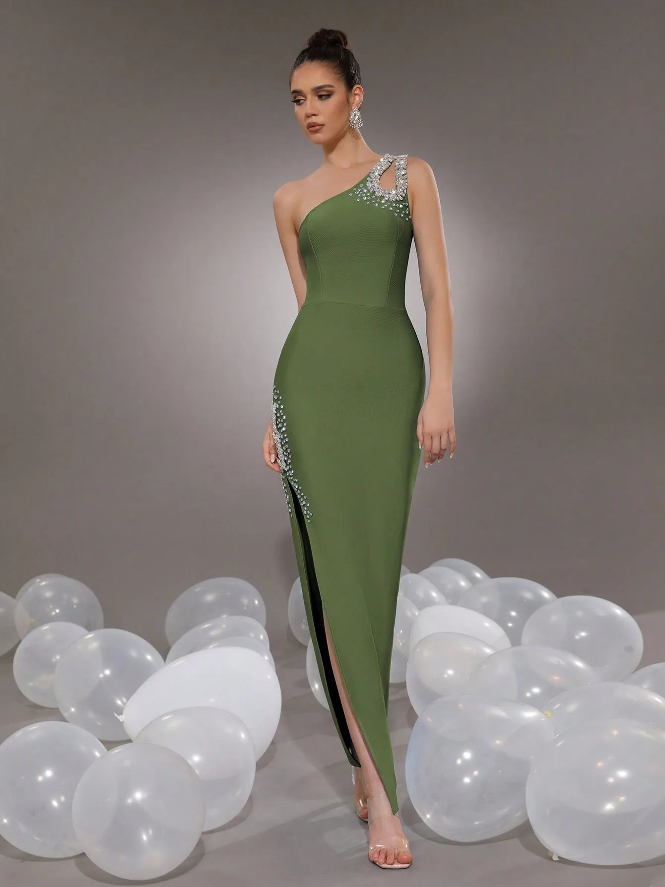 Black One-Shoulder Rhinestone Bodycon Maxi Dress with High Slit for Formal Evening Prom Wedding