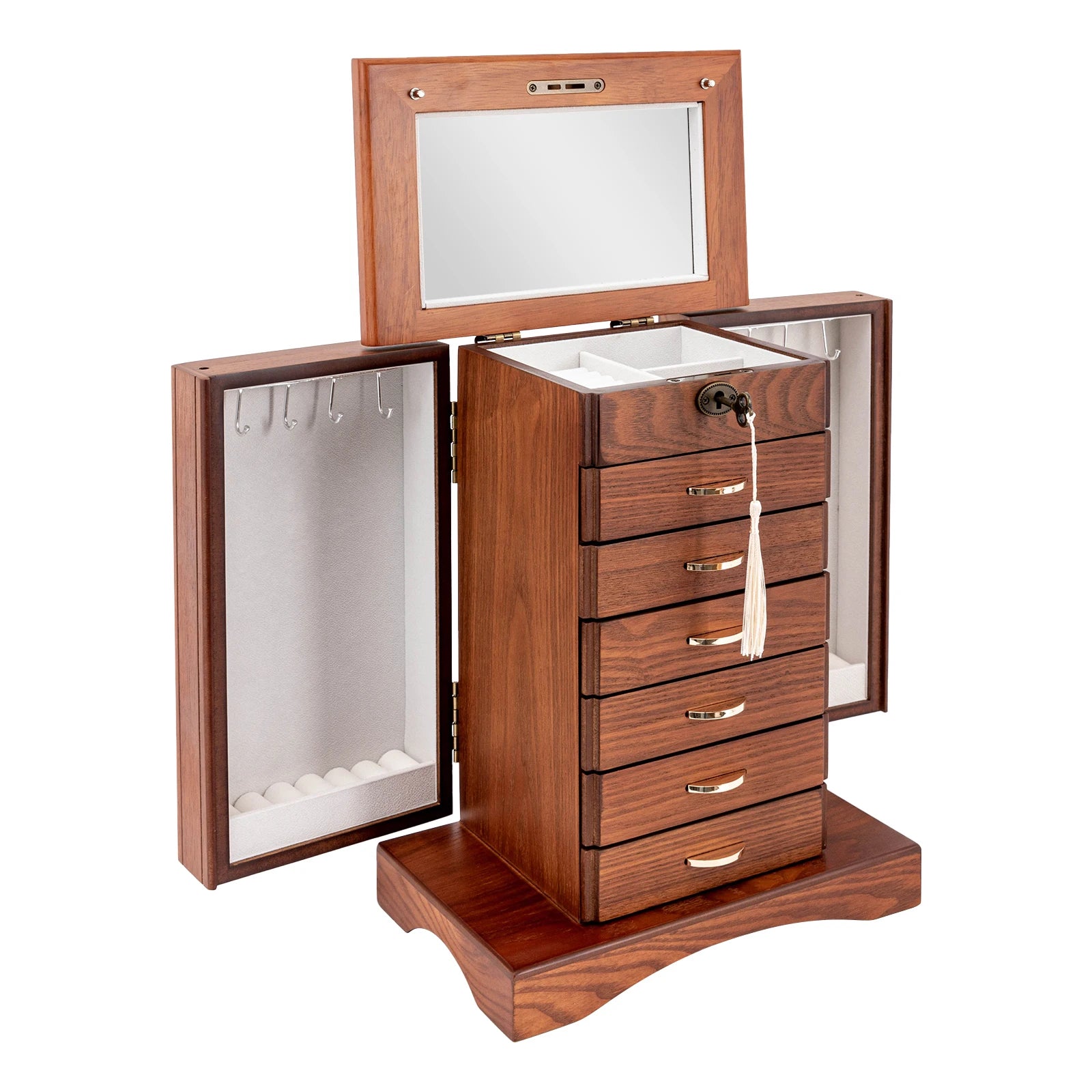 Retro Walnut Jewelry Box 7 Layers MDF Flocking Cloth Lining Rectangular Key Lock Free standing Grinding Painted