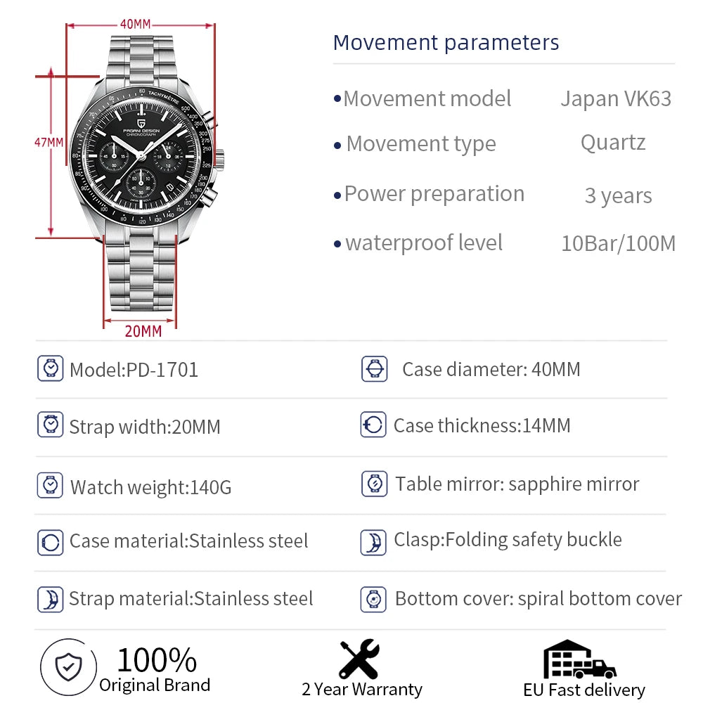 PAGANI DESIGN V5 PD1701 Moon Watches Luxury Quartz Watch For Men Sport Speed Chronograph AR Sapphire glass 100M Waterproof 2025
