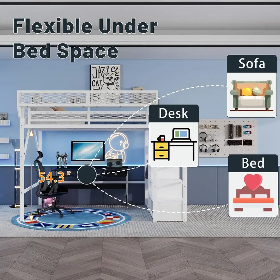 Size Loft Bed with Staircase, Metal Loft Beds with Storage Shelves amp Wardrobe, High Lofted Bed Frame, Loft Tall Bed for Boys