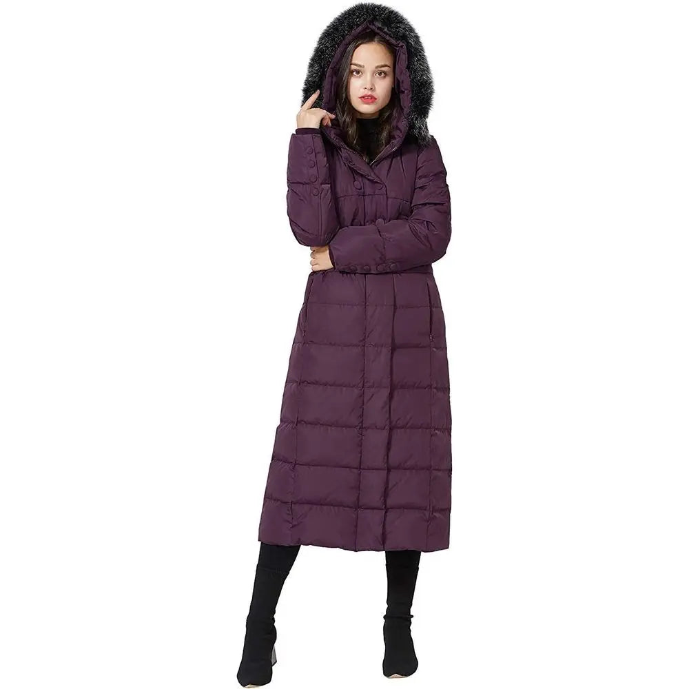 Women's Long Down Coat with Fur Hood Maxi Down Parka Puffer Jacket
