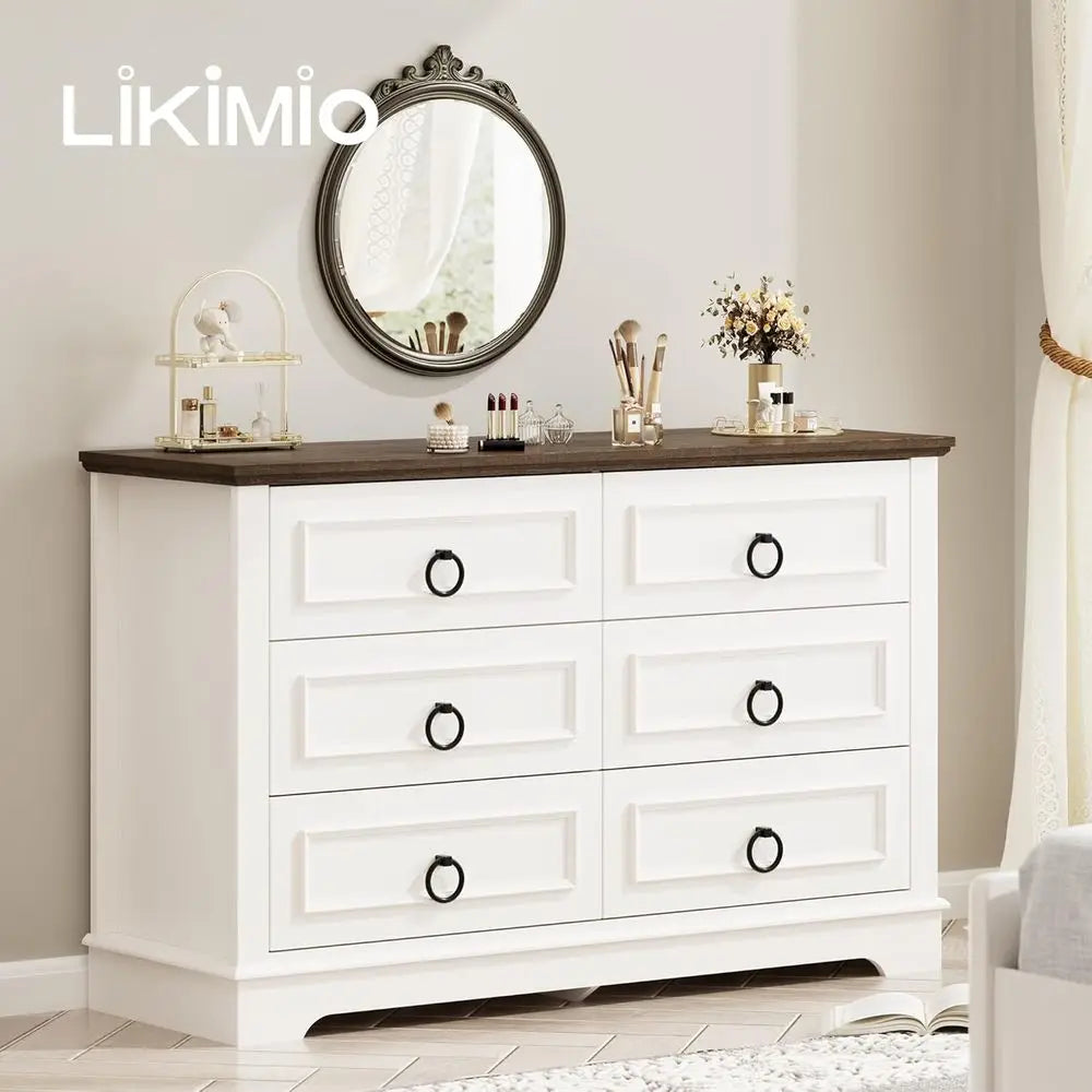 Modern 6-Drawer White Rustic Bedroom Dresser with Round Metal Handles and Thickened Top