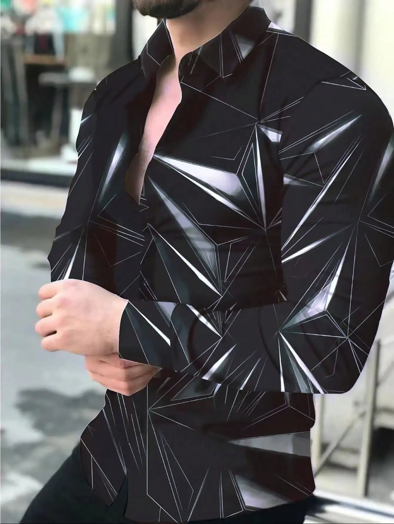 Men's Black Long Sleeve Shirt with Blue Geometric Graphic Pattern, Casual Style