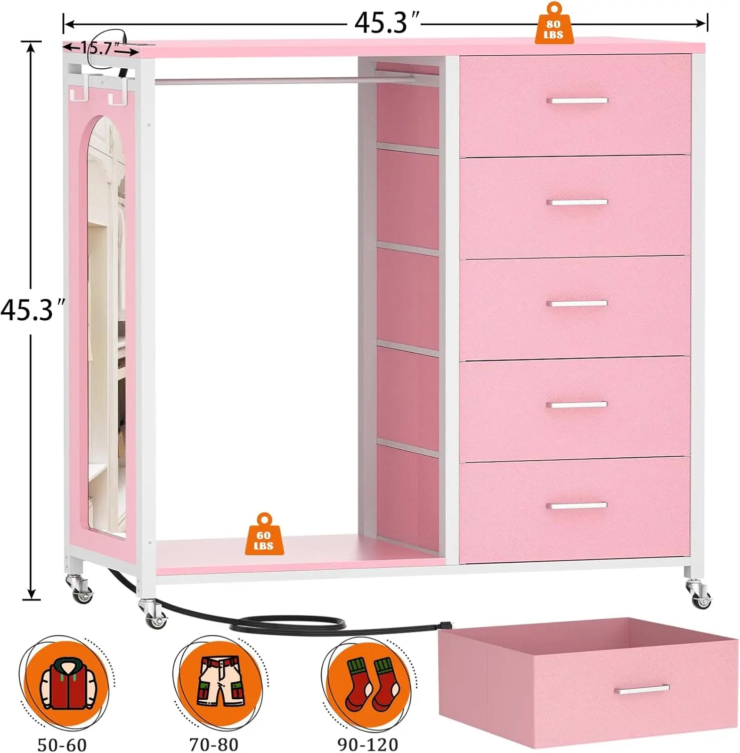 5-Drawer Dresser with Clothes Rack, Full-Length Mirror, Charging Station & LED Lights - Rolling Design with Wheels