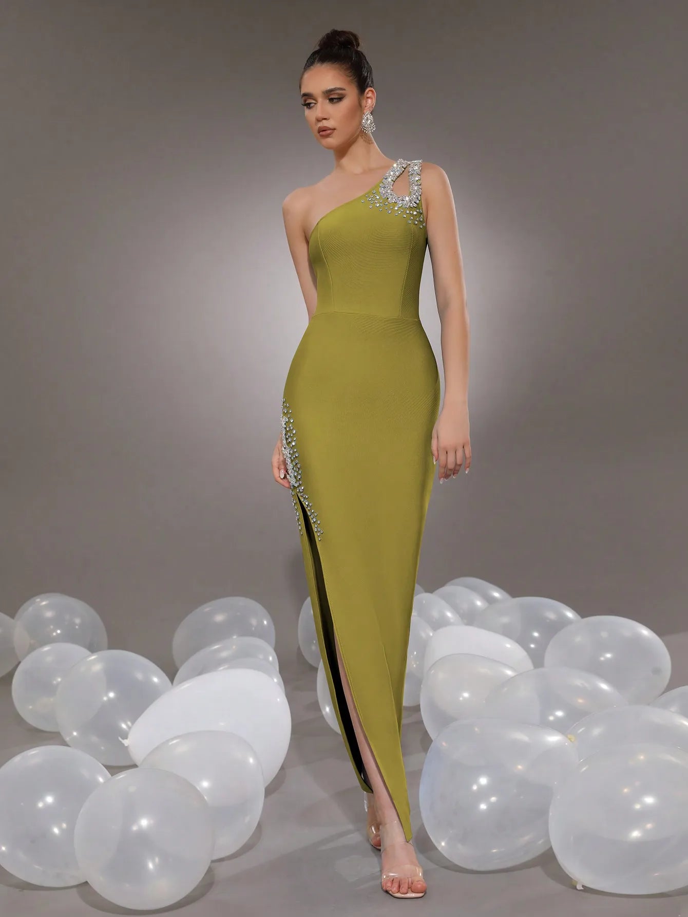 Black One-Shoulder Rhinestone Bodycon Maxi Dress with High Slit for Formal Evening Prom Wedding