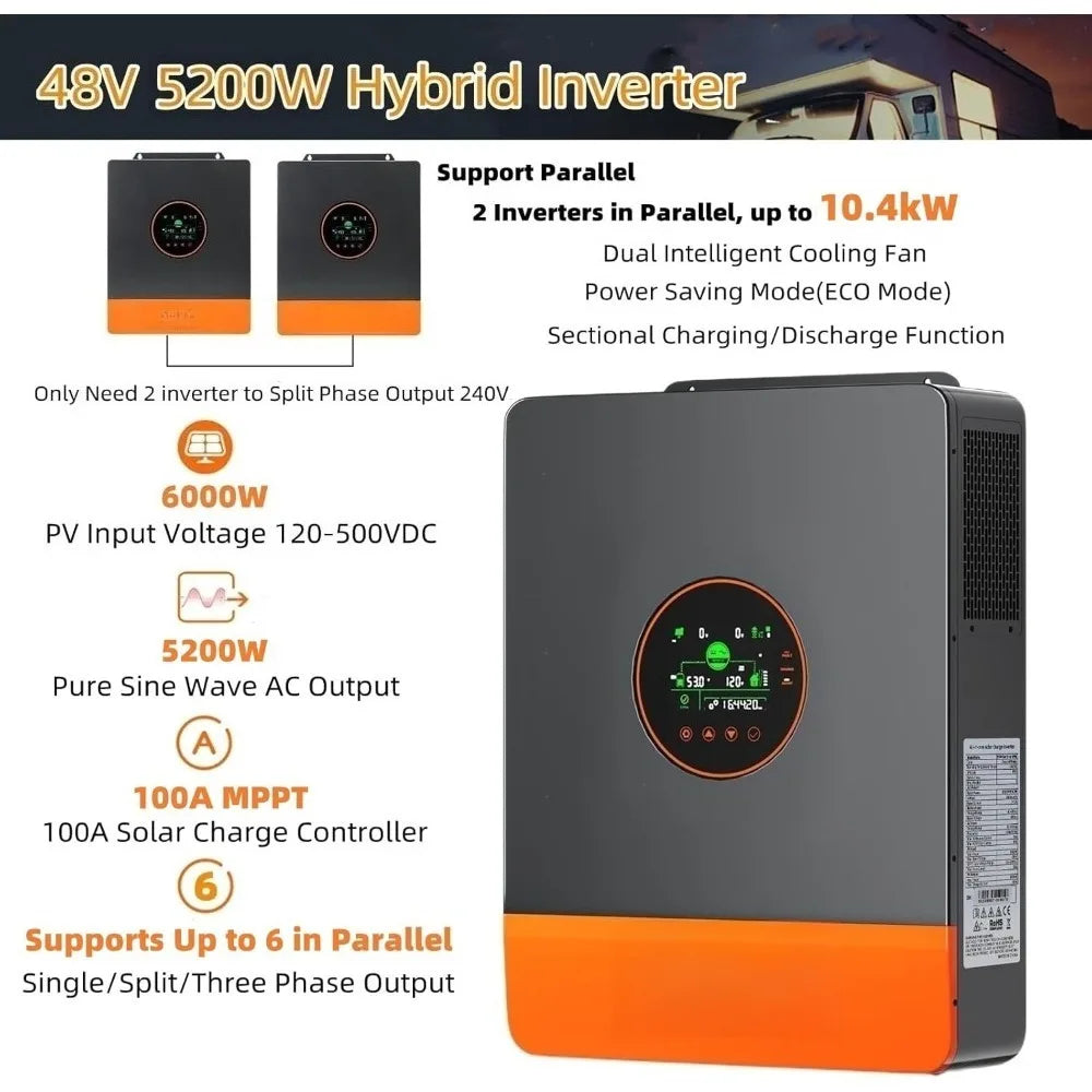 5200W Hybrid Solar Inverter 48V DC to 110V/120VAC, Split Phase Inverter with 100A MPPT Controller, Max. PV Input 6KW 500VDC