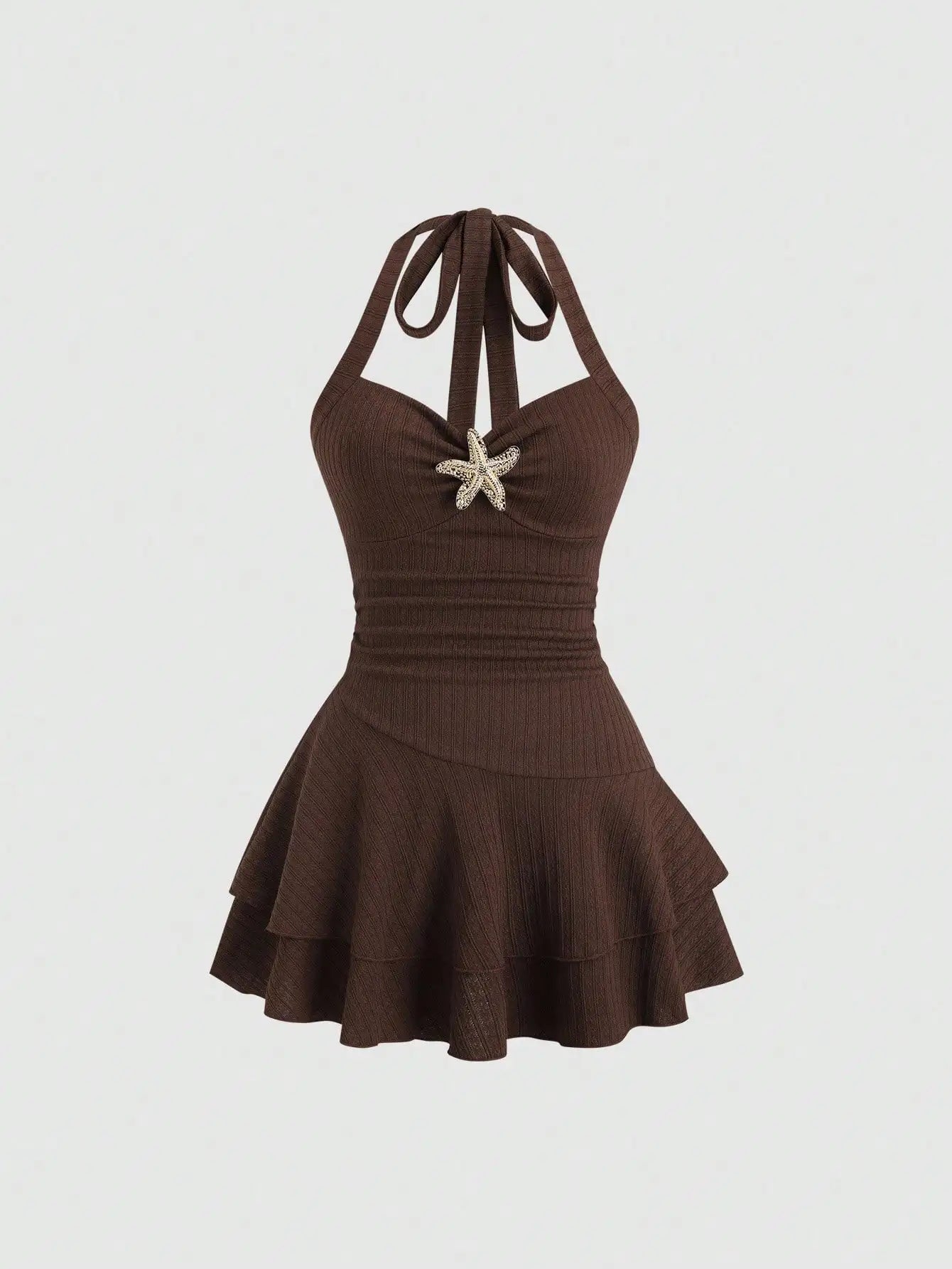 Cream Halter Mini Dress with Starfish Embellishment, Ruched Bodice & Tiered Ruffle Hem for Beach Vacation