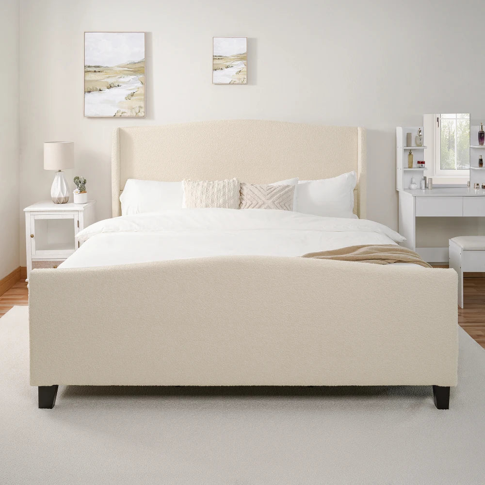 King Size Bed Frame:49.21" High Upholstered Headboard,27.17" Footboard,Teddy Velvet,12 Slats,Wood Feet,No Box Spring Needed(Whit