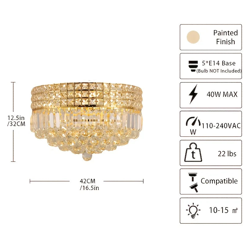 Gold Hallway Crystal Ceiling Light, Round Flush Mount Modern Crystal Ceiling Light for wardrobe/bathroom/hall/bedroom