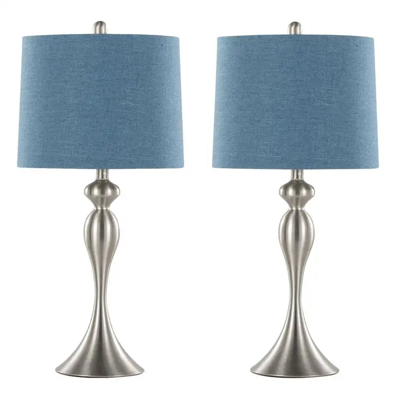 Set of 2 27" Contemporary Metal Table Lamps in Brushed Nickel with Moroccan Blue Textured Linen Shades