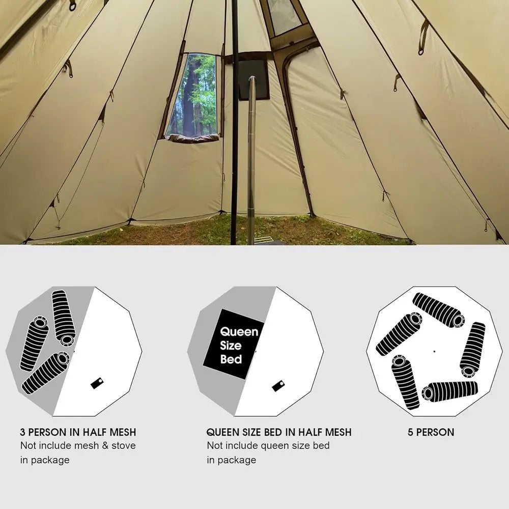6-Person XL Tipi Tent with Sn Window, 8'6 Height, 15'4 Diameter, Wood Stove-Ready for Family Camping & Hunting