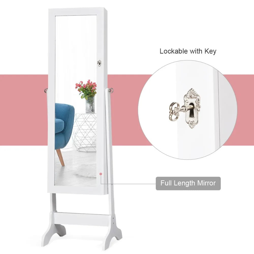 4 Tilting Position Jewelry Organizer Vanity Box w/ Full Length Mirror White