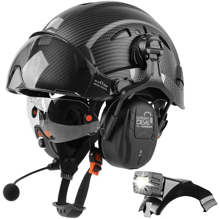 Hard Hat Safety Helmet with Visor Bluetooth Ear Muffs and Headlamp 5 in 1 Full Protection Vented Work Hardhat ANSI Z89.1 Cascos