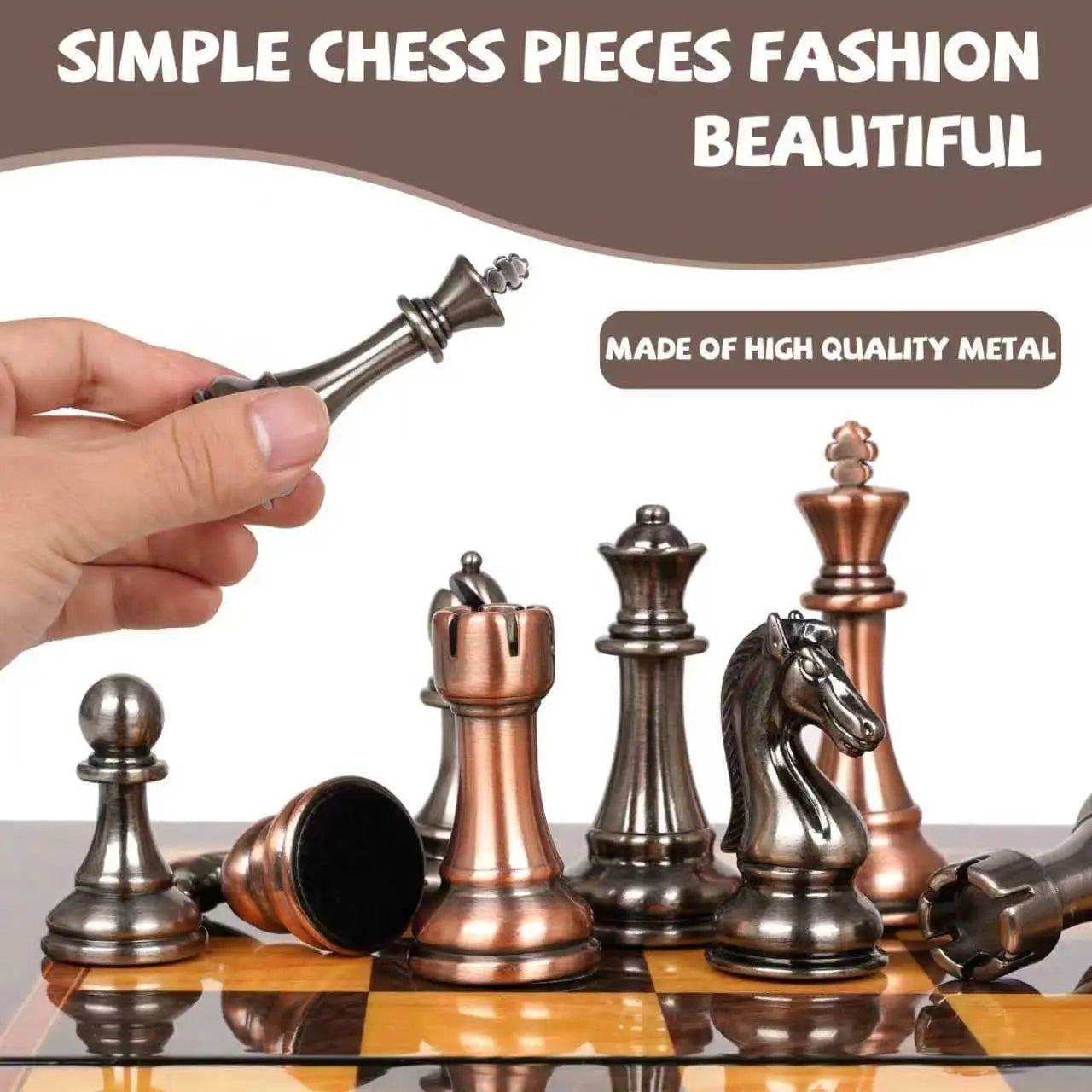 Luxury Metal Chess Set with 15' Wooden Board | Weighted Pieces | 2 Extra Queens | Tournament Style for Adults