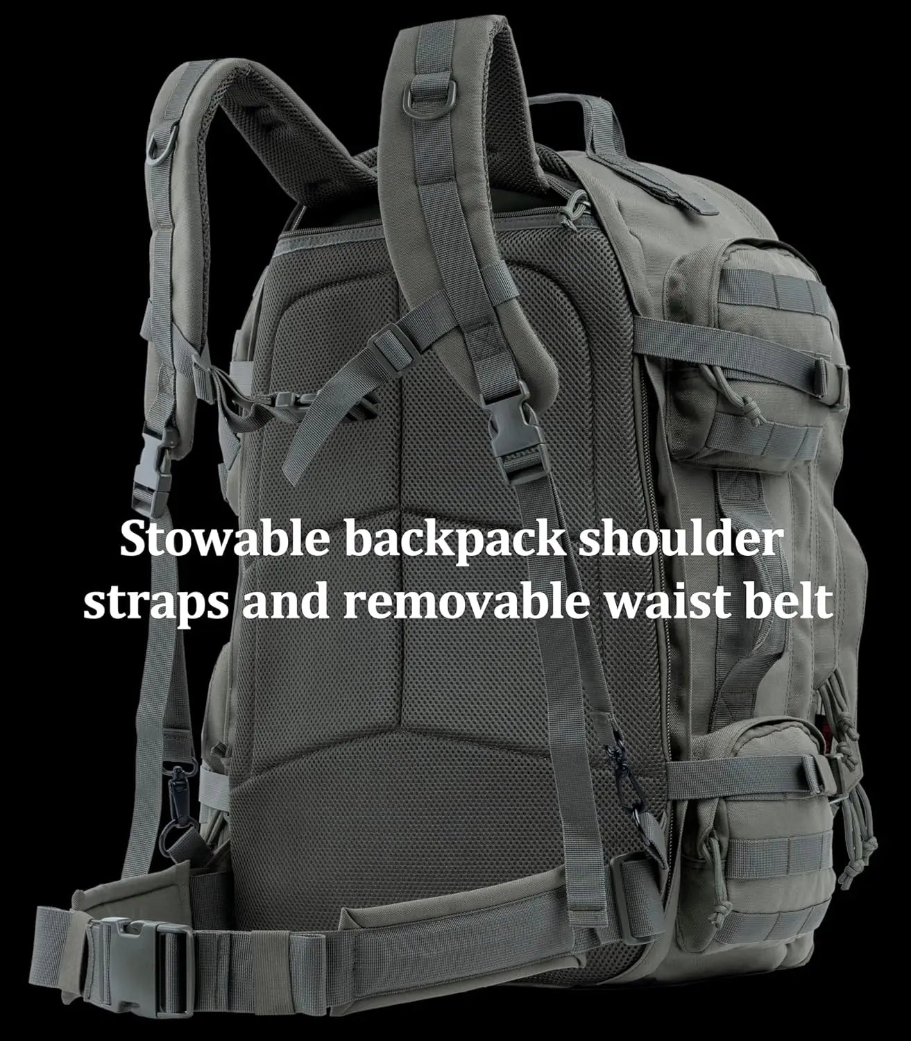 Large Tactical Backpack Bag with Stowable Shoulder Straps for Hiking, Camping, Traveling, Bug-Out 58L