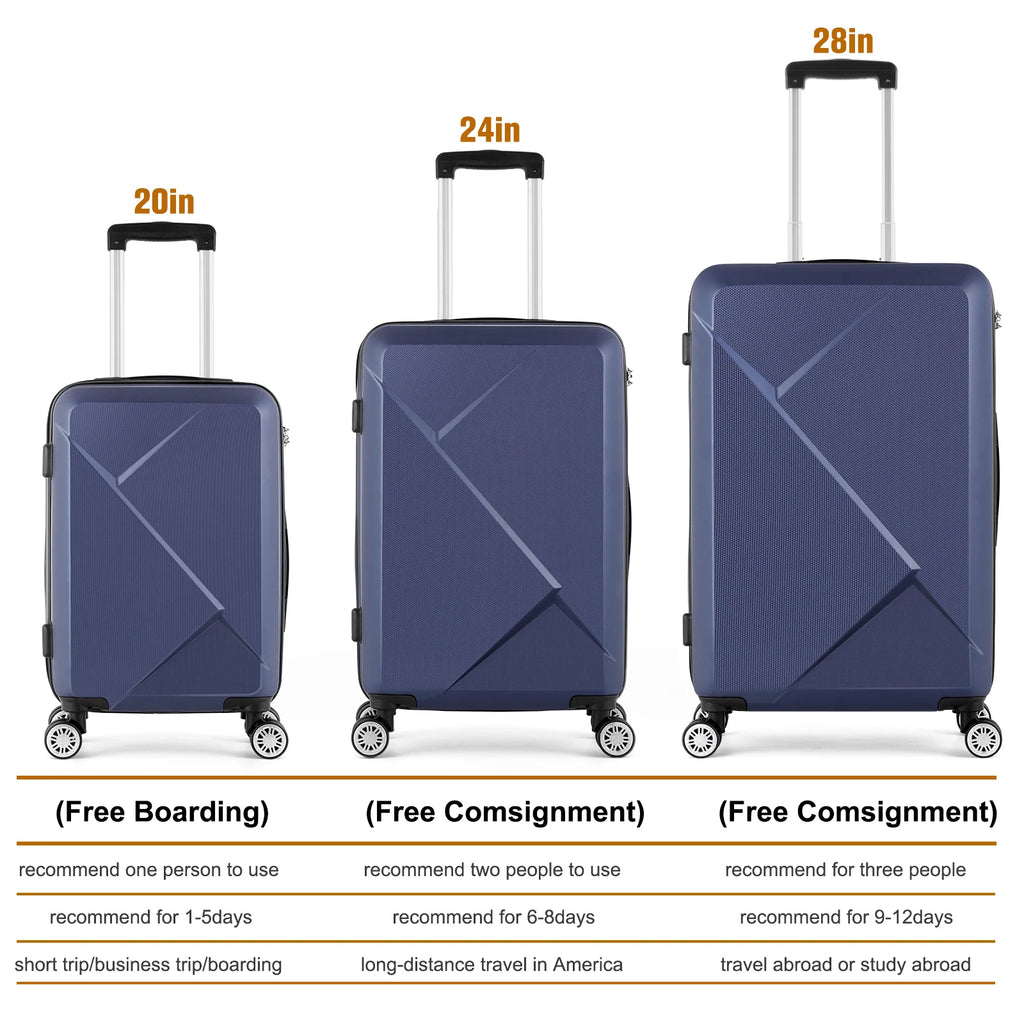3-PC ABS 20/24/28in Luggage Set w/360° Spinner Wheels & Retractable Handle - Airline Approved Lightweight Suitcases, Smooth Zipp