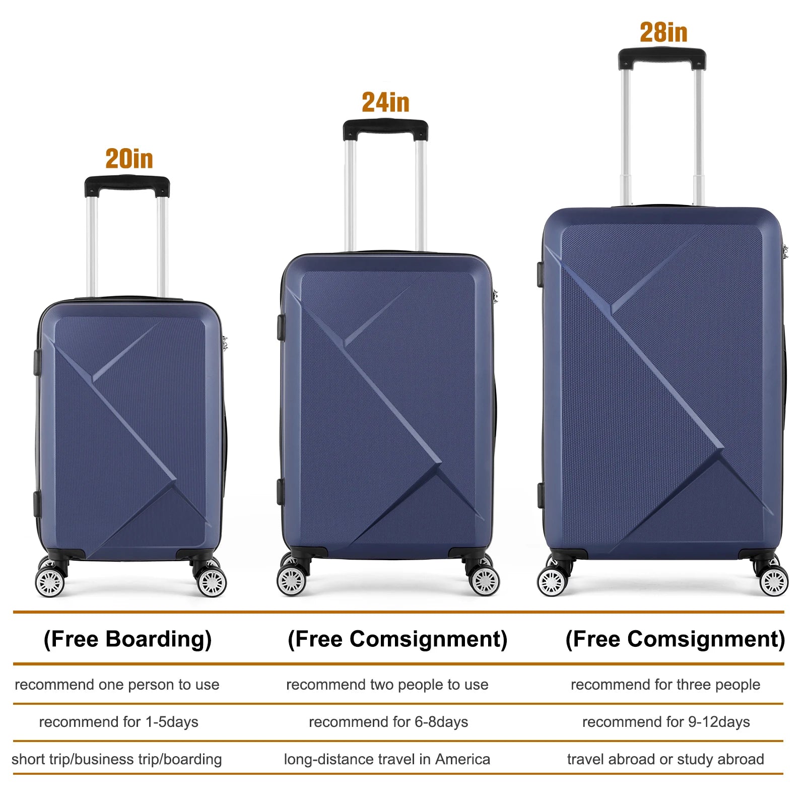 3-PC ABS 20/24/28in Luggage Set w/360° Spinner Wheels & Retractable Handle - Airline Approved Lightweight Suitcases, Smooth Zipp