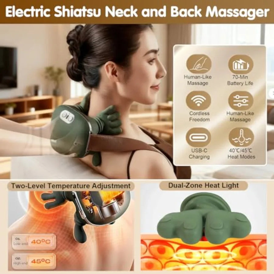 Siasoo Heated Neck Massager-Wireless Portable Shiatsu Neck and Shoulder Deep Tissue 4D Kneading Massage Pillow Simulated Human