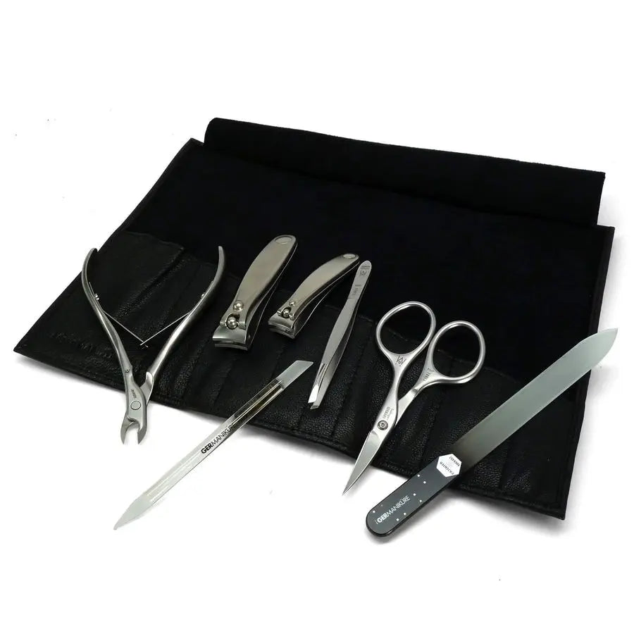 7pc Manicure Set in Black Leather Case FINOX Stainless Steel Tools Made in Germany, Glass Nail Care Supplies Made in Czech Repub