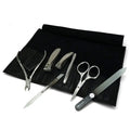 7pc Manicure Set in Black Leather Case FINOX Stainless Steel Tools Made in Germany, Glass Nail Care Supplies Made in Czech Repub