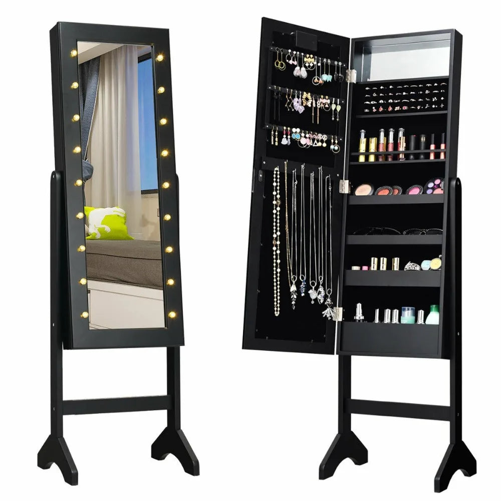 Full Length Mirror Jewelry Organizer Vanity Box w/ 18 LED Lights Black