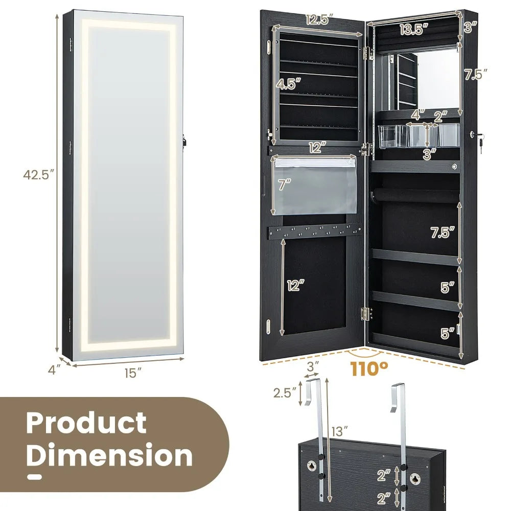 LED Mirror Jewelry Cabinet Wall/Door Mounted Organizer Armoire Black
