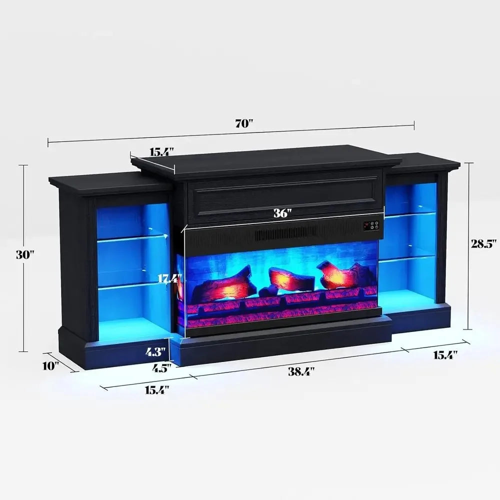 3-Sided  Electric Fireplace TV Stand, 70 Farmhouse Style, Fits TVs up to 75, Mantel, Adjustable Shelves, LED Lights，Customized