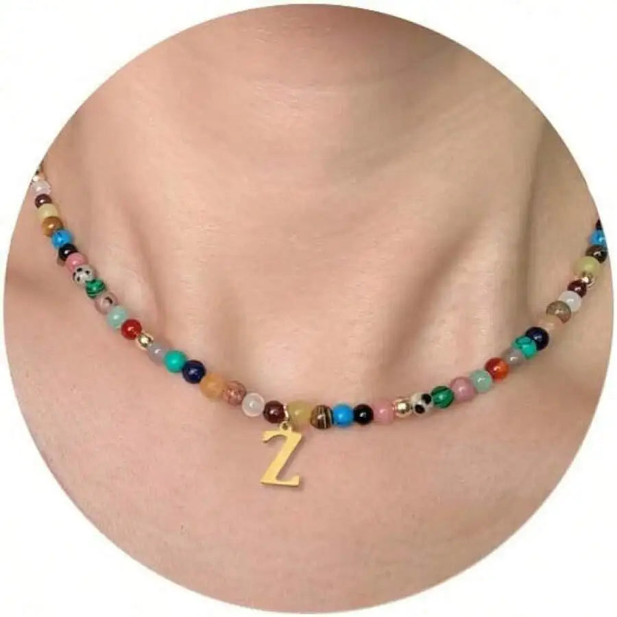 Colorful Beaded Choker Necklace with Gold-Tone Initial Pendant, Handmade Boho Style Summer Jewelry