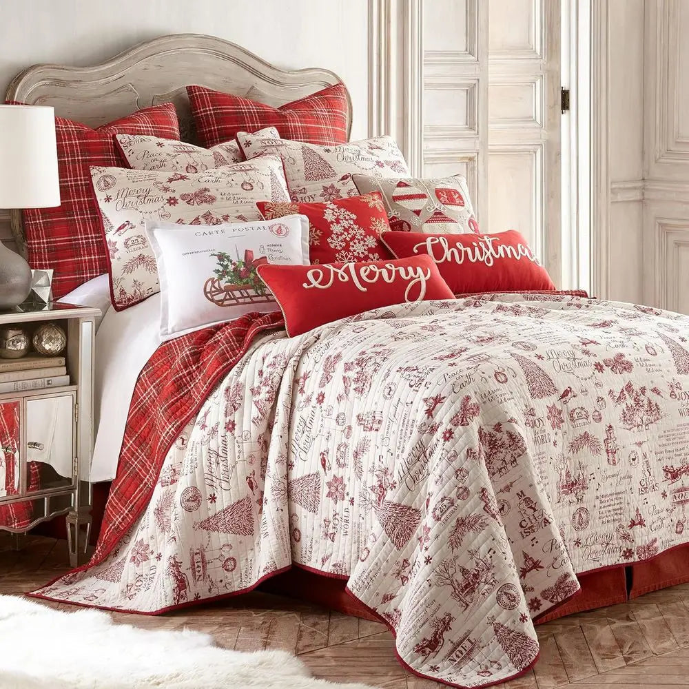 Red & Cream Christmas Script Cotton Quilt Set - Full/Queen 88x92in + 2 Pillow Shams 26x20in - Reversible