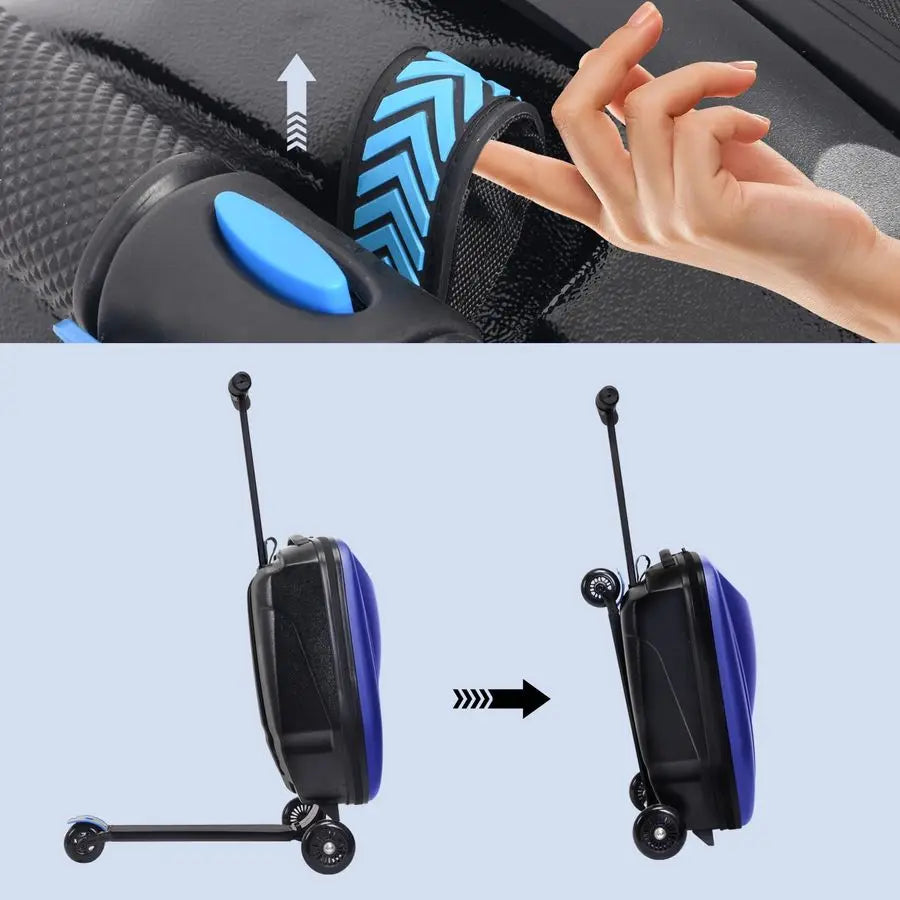 Kids Scooter Suitcase RideOn CarryOn 2in1 Lightweight Hardshell Luggage for Airplane Travel, Foldable Rolling Suitcase for Boys