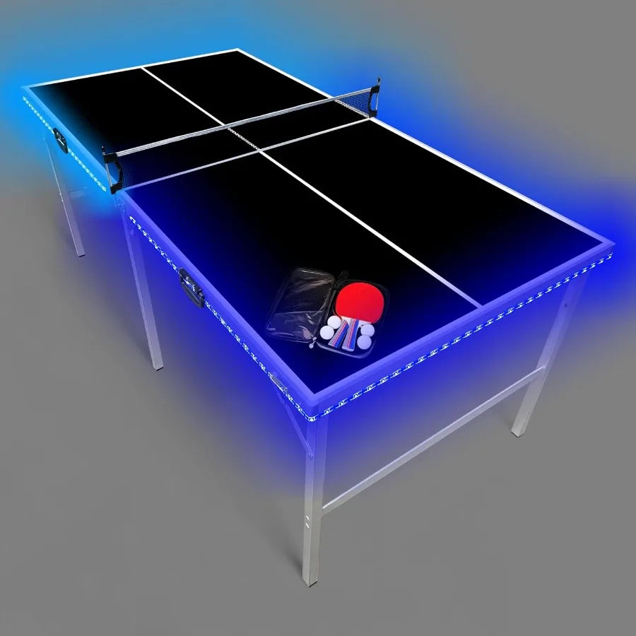 6 ft x 3 ft Mid-Size Portable Folding Indoor Outdoor Ping Pong Table Tennis Table with Optional LED Lights Game Room Not Full S