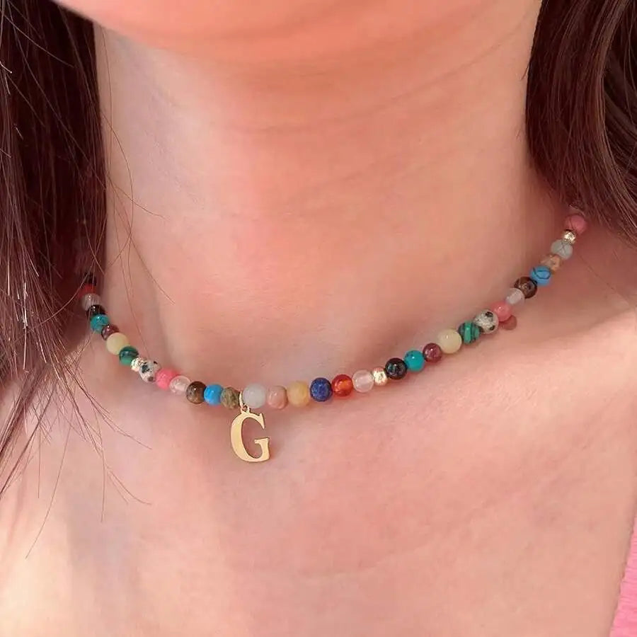 Colorful Beaded Choker Necklace with Gold-Tone Initial Pendant, Handmade Boho Style Summer Jewelry