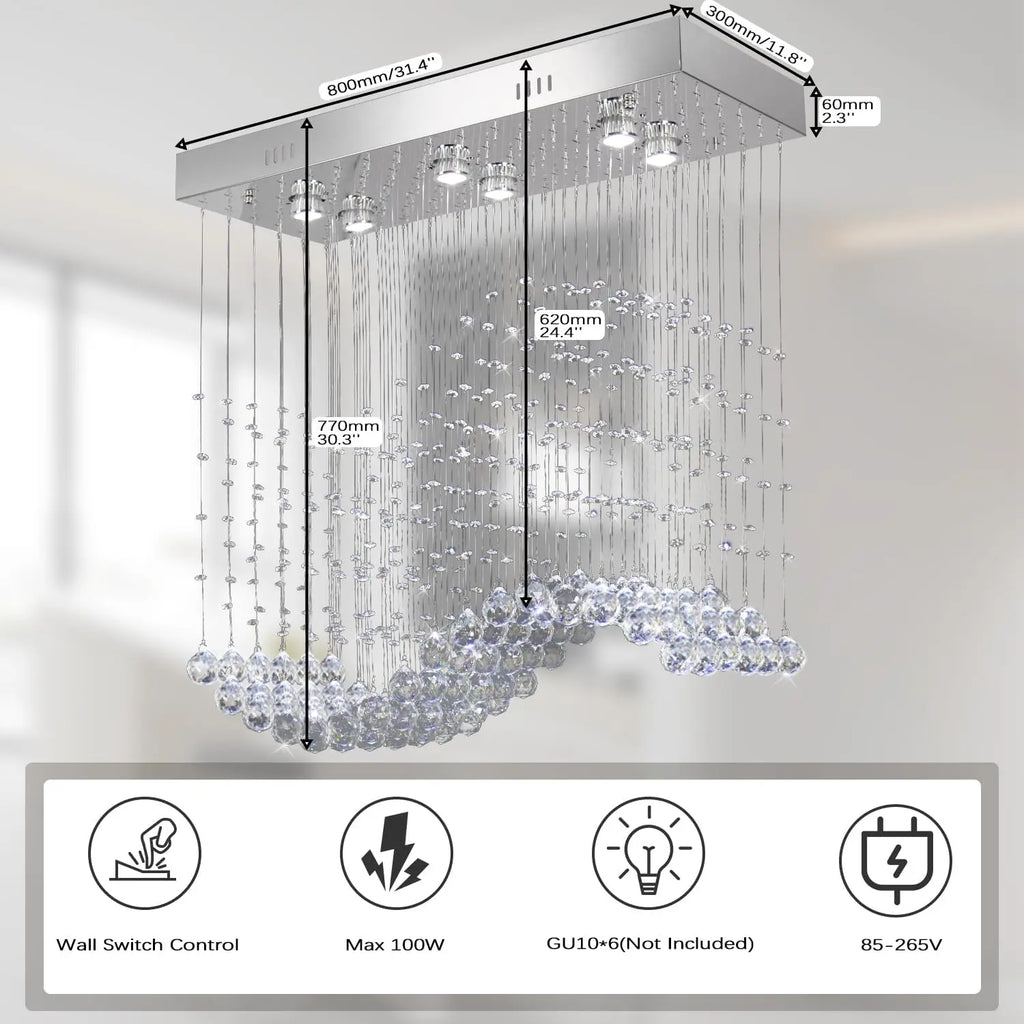 31.5'' Rectangular Linear Crystal Chandelier for Kitchen Island, 6-Light GU10 Hanging Pendant Light, Height Adjustable K9 Crysta