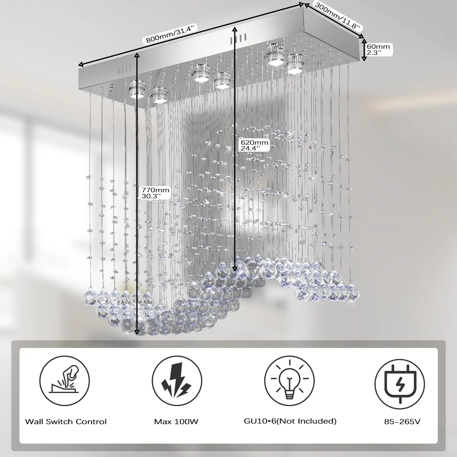 31.5'' Rectangular Linear Crystal Chandelier for Kitchen Island, 6-Light GU10 Hanging Pendant Light, Height Adjustable K9 Crysta