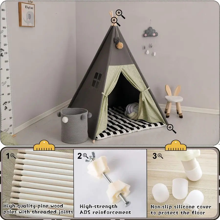 Tent for Kids Stripe Padded Mat Foldable Dark Tone Grey Play Tents for Girl and Boy with Carry Case Wooden Pole Printing Canvas