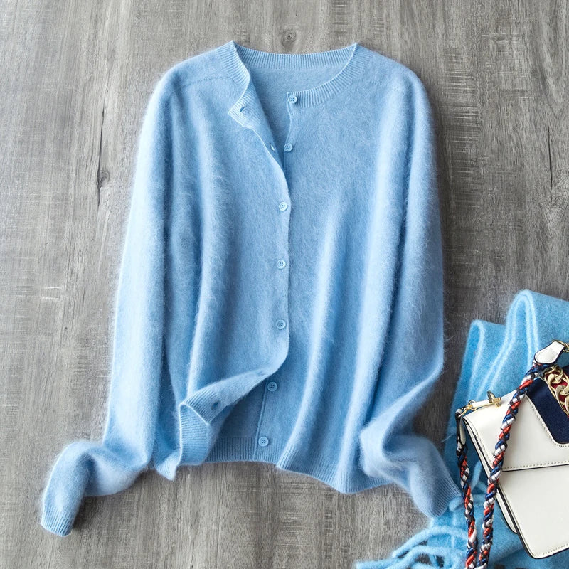 Women Fleece Wool Cashmere Sweater Cardigan Autumn Winter Round Neck Seamless Single Breasted Soft Knitwear