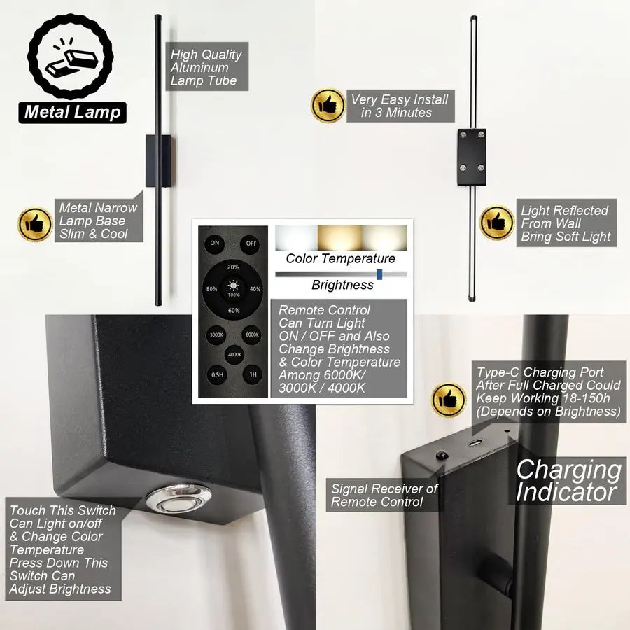 Install Peel and Stick on Battery Operated Wall Sconces Set of 2 Rechargeable, Magnetic Linear Wall Sconce Wireless Long Picture