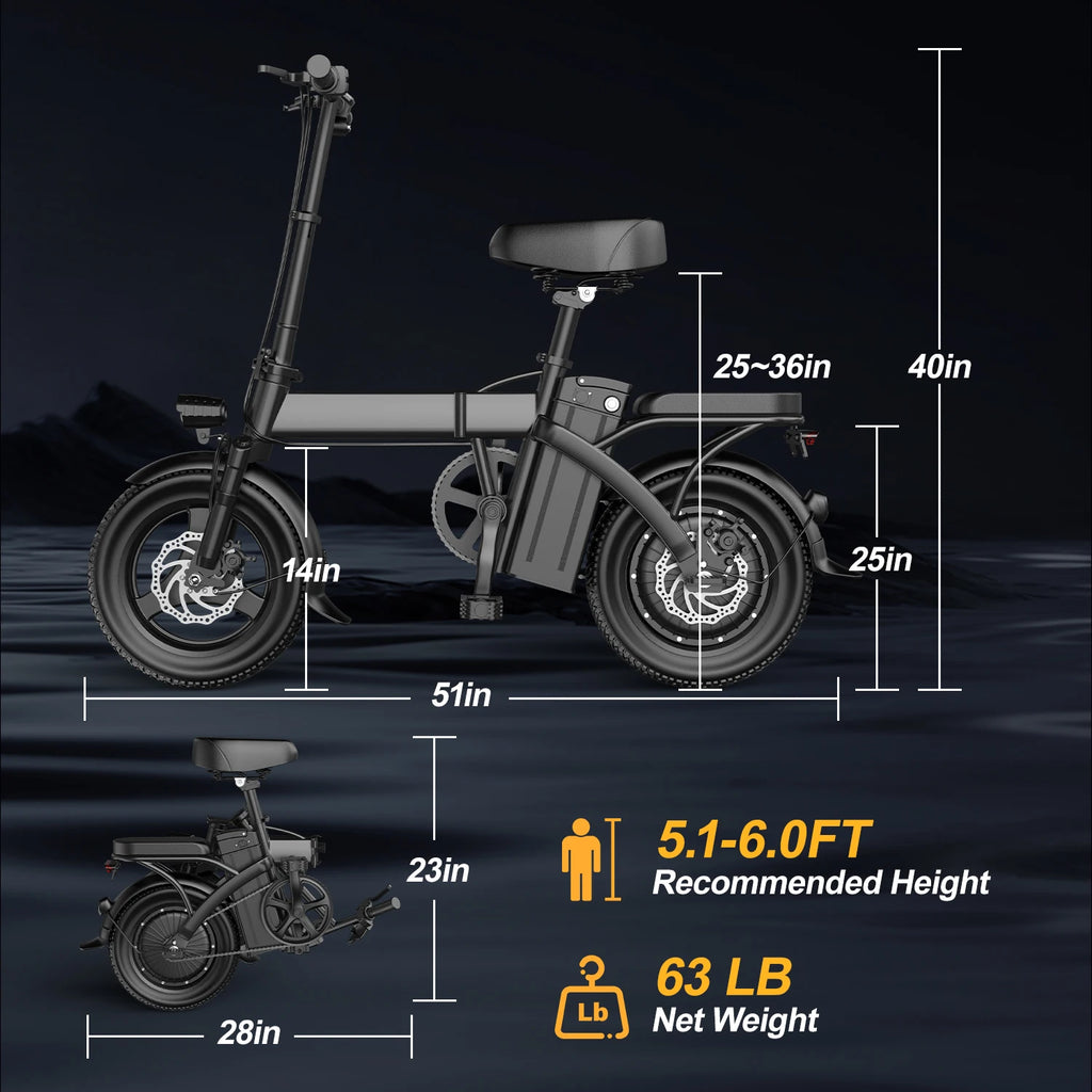 400W Peak Motor 14" Folding Electric Motorcycles Mountain E Bike For Adults, 19.5Mph 19Miles 48V 10.3AH Electric Bicycle Ebike