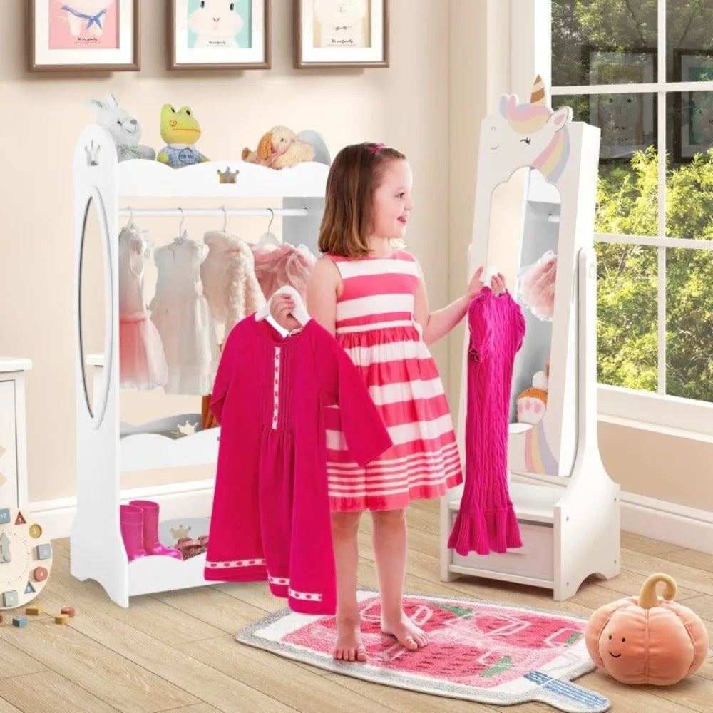 2-in-1 Kids Jewelry Organizer Armoire Cabinet w/Storage and Full-Length Mirror