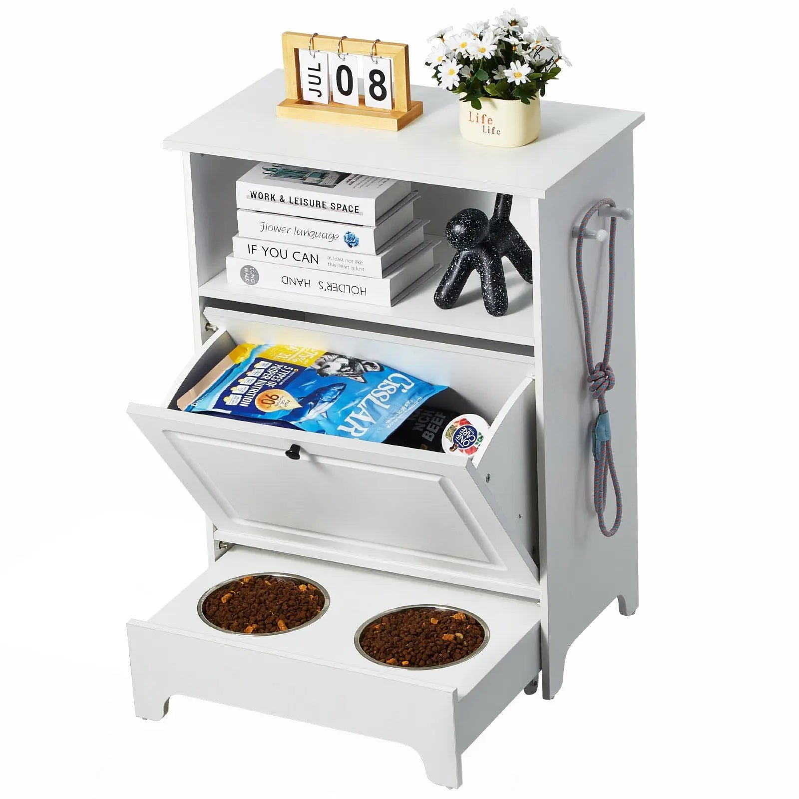 Spacious Elevated Pet Feeding Cabinet with 2 Bowls 4-Level Shelving Unit Integrated Slide-Out Tray Anti-Wobble Base