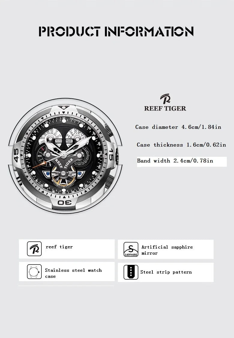 【REEF TIGER】 Men's watch: The weight king mechanical watch, luminous King fully automatic watch, skeletonized large dial men's w